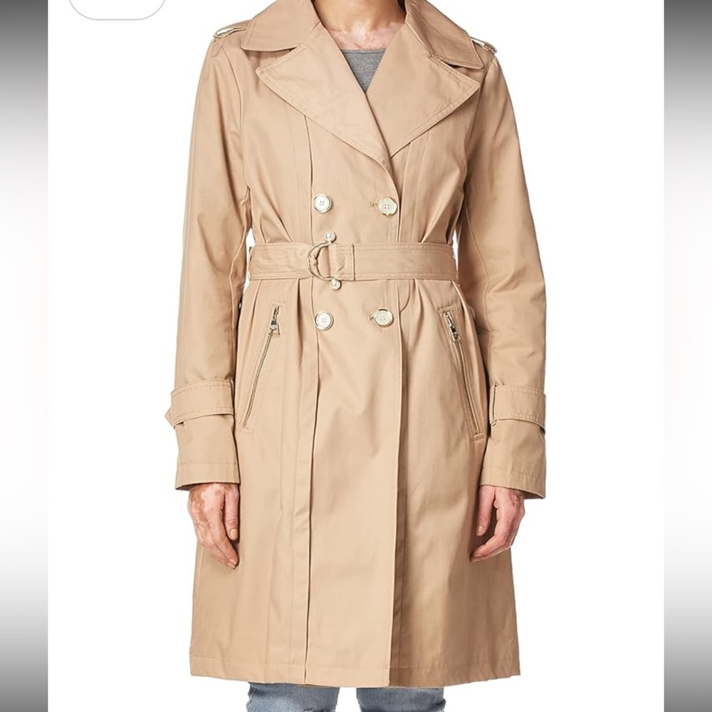 Womens Beige Double-Breasted Trench Coat with Belt